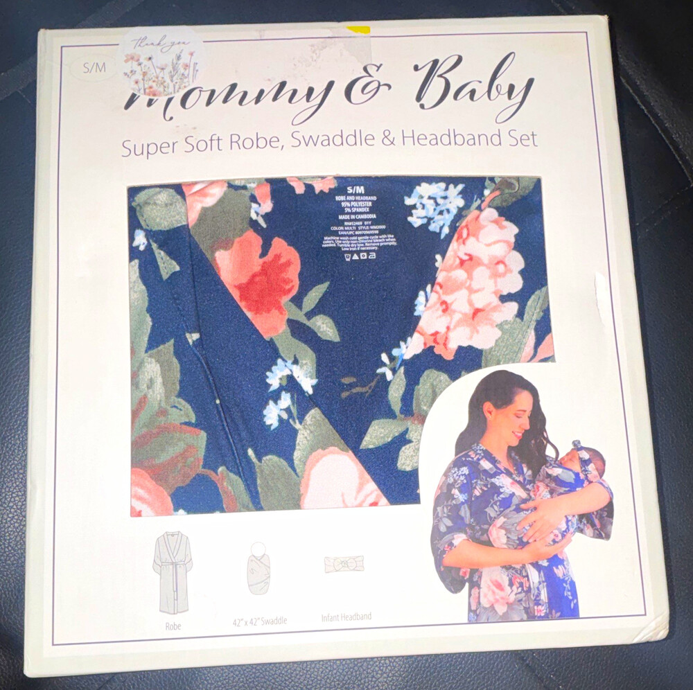 Mommy & Baby Newborn 3pc Floral Robe Swaddle & Headband Set Lightweight